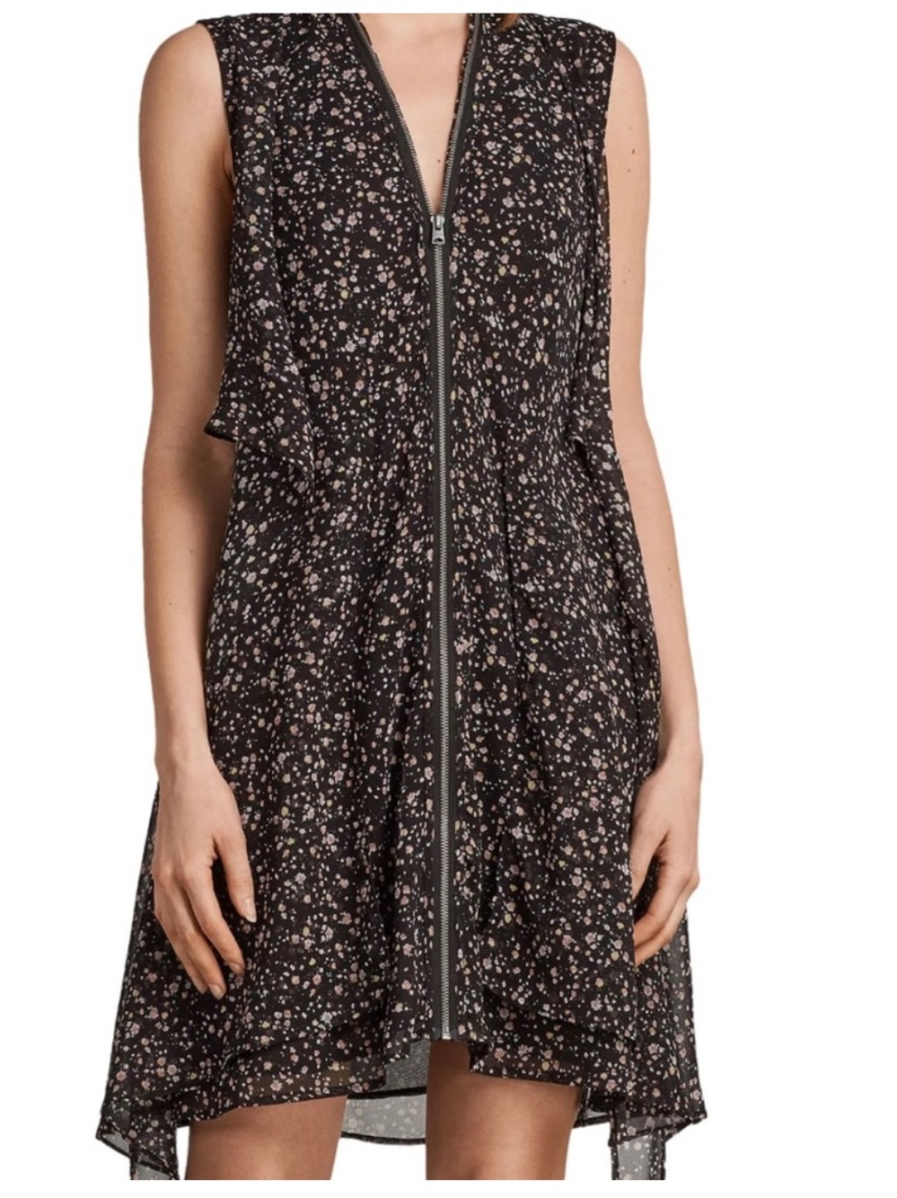 All Saints   Jayda Sketch Floral Asymmetrical Zip Dress. Size S